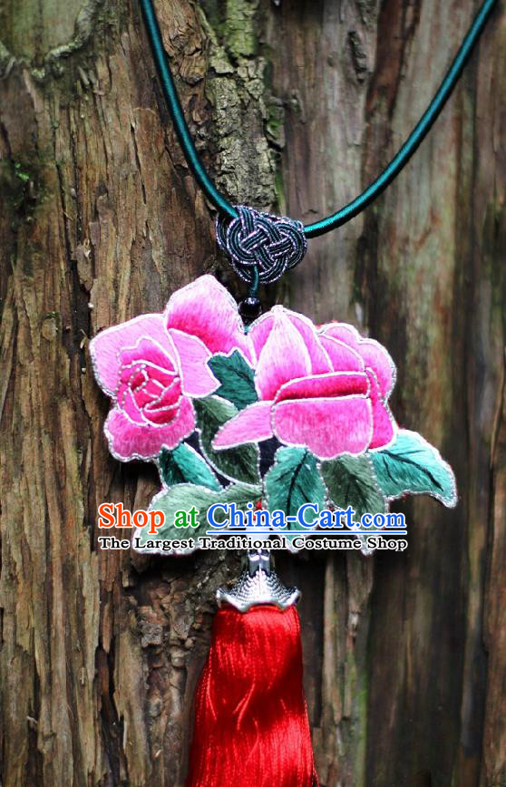 Chinese Handmade Miao Nationality Embroidered Rosy Rose Necklet Accessories Traditional Minority Ethnic Tassel Necklace for Women
