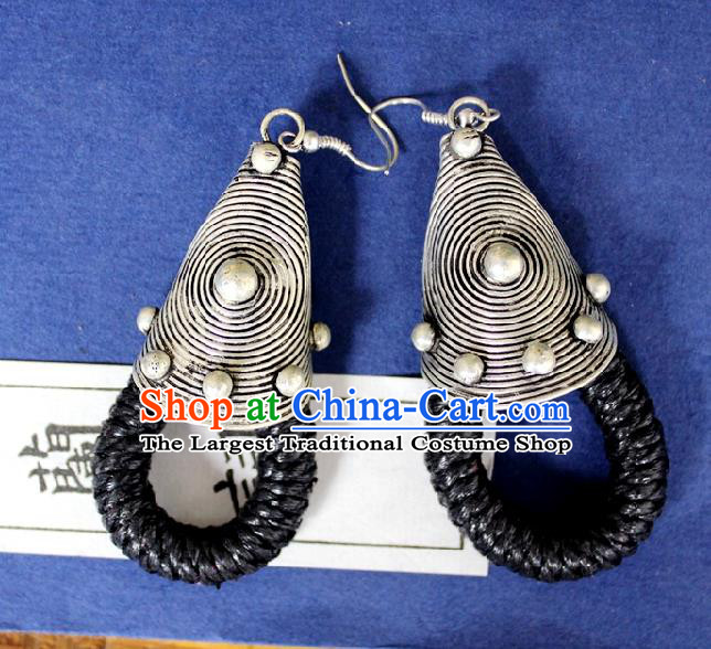 Chinese Handmade Miao Nationality Black Sennit Ear Accessories Traditional Minority Ethnic Silver Earrings for Women