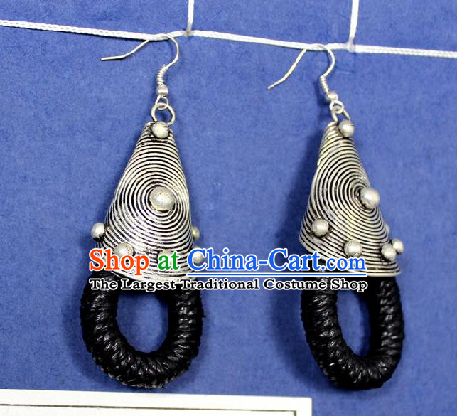 Chinese Handmade Miao Nationality Black Sennit Ear Accessories Traditional Minority Ethnic Silver Earrings for Women