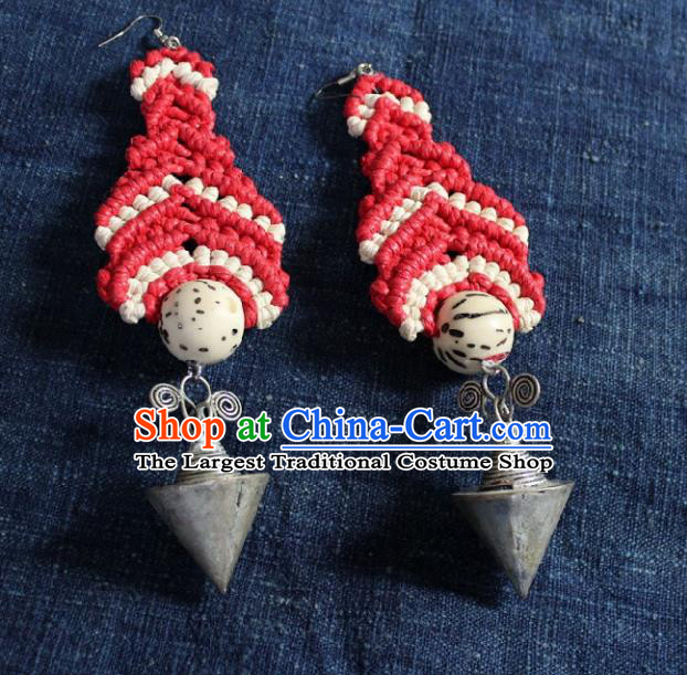 Chinese Handmade Miao Nationality Sennit Red Ear Accessories Traditional Minority Ethnic Silver Cone Earrings for Women