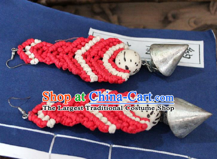 Chinese Handmade Miao Nationality Sennit Red Ear Accessories Traditional Minority Ethnic Silver Cone Earrings for Women