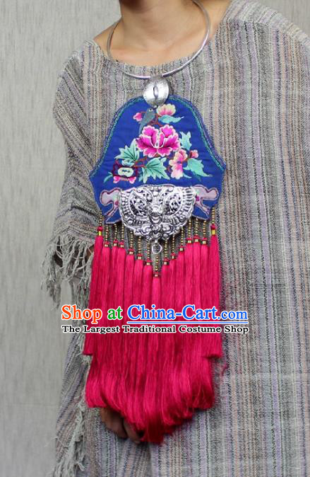 Chinese Handmade Miao Nationality Embroidered Necklace Traditional Minority Ethnic Silver Carving Butterfly Rosy Tassel Necklet Accessories for Women