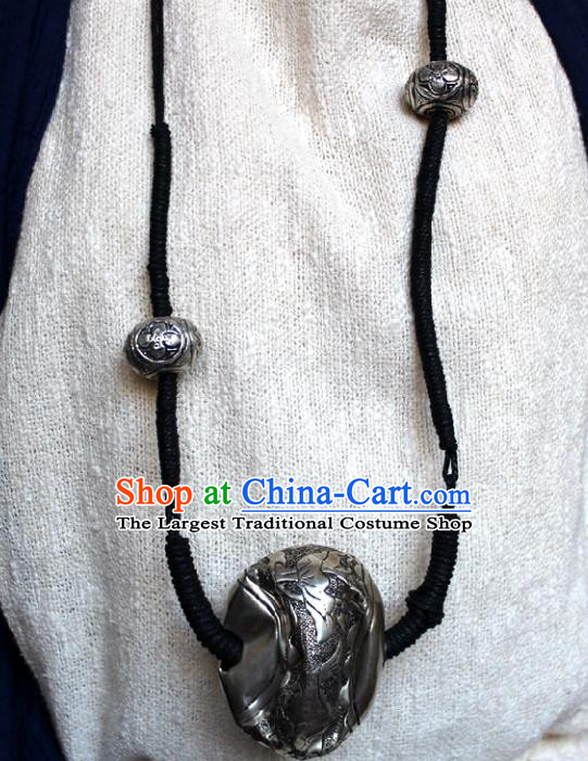 Chinese Handmade Miao Nationality Twine Necklace Traditional Minority Ethnic Silver Carving Ball Necklet Accessories for Women