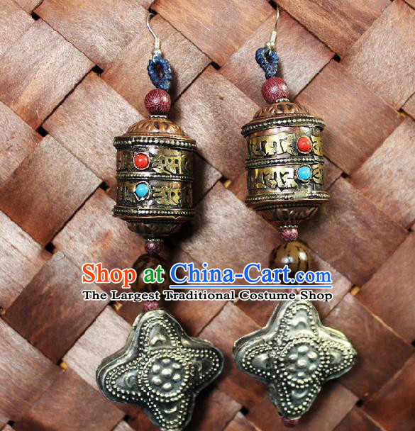 Chinese Handmade Miao Nationality Retro Earrings Traditional Minority Ethnic Carving Silver Prayer Wheel Ear Accessories for Women