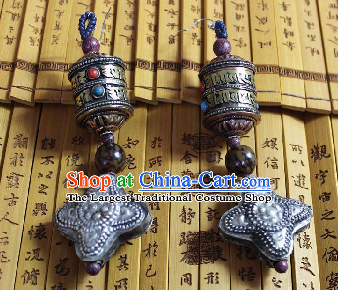 Chinese Handmade Miao Nationality Retro Earrings Traditional Minority Ethnic Carving Silver Prayer Wheel Ear Accessories for Women