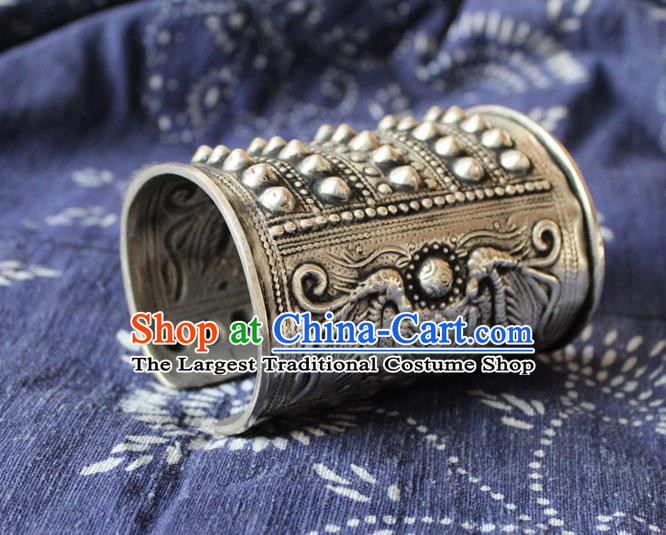 Chinese Handmade Miao Ethnic Silver Carving Wide Bangle Accessories Traditional Minority Stage Show Bracelet for Women