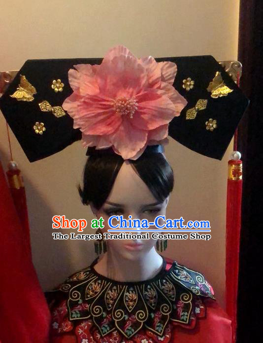 Chinese Traditional Qing Dynasty Princess Peony Flag Bun Headwear Drama Princess of Pearl Ancient Manchu Lady Xia Ziwei Hair Accessories