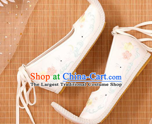 Chinese Ancient Princess Beige Satin Embroidered Shoes Court Women Shoes Handmade Palace Lady Shoes Embroidery Rabbit Shoes