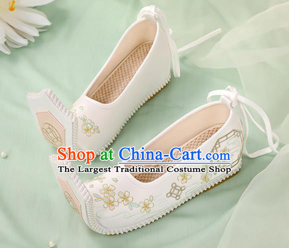Chinese Ancient Embroidery Plum Blossom White Shoes Court Lady Shoes Embroidered Shoes Princess Satin Shoes Handmade Shoes