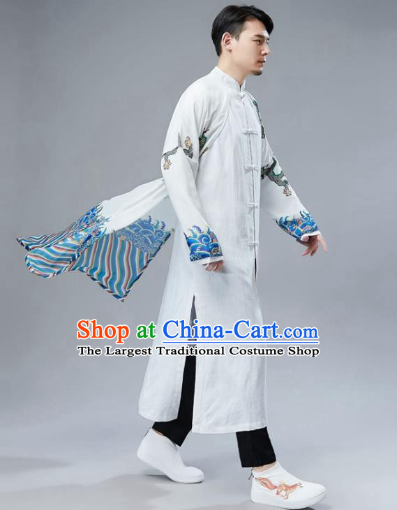 Chinese National Printing Dragon White Coat Traditional Tang Suit Outer Garment Overcoat Costume for Men