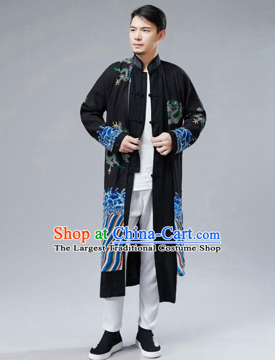 Chinese National Printing Dragon Black Coat Traditional Tang Suit Outer Garment Overcoat Costume for Men