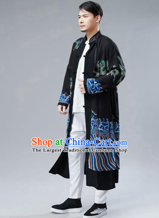 Chinese National Printing Dragon Black Coat Traditional Tang Suit Outer Garment Overcoat Costume for Men