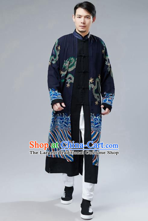 Chinese National Printing Dragon Navy Chiffon Coat Traditional Tang Suit Outer Garment Overcoat Costume for Men