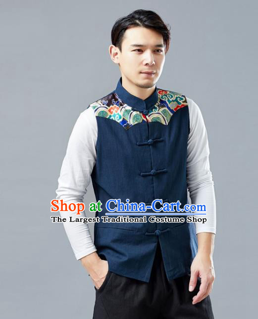 Chinese National Navy Vest Traditional Tang Suit Costume Upper Outer Garment Clothing Waistcoat for Men