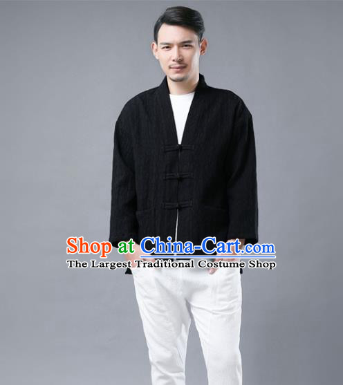 Chinese National Black Flax Jacket Traditional Tang Suit Outer Garment Overcoat Costume Coat for Men