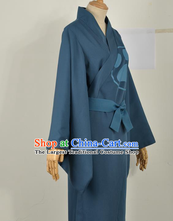 Traditional Japanese Cosplay Costumes Japan Kimono Black Haori and Navy Yukata Dress Belt Complete Set for Women