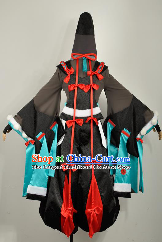 Traditional Japan Cosplay Female Swordsman Black Costumes Japanese Ancient Onmyoji Kimono Clothing and Headwear for Women