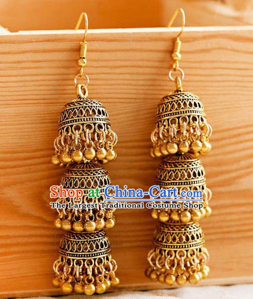 Asian India Traditional Golden Birdcage Eardrop Asia Indian Earrings Bollywood Dance Jewelry Accessories for Women