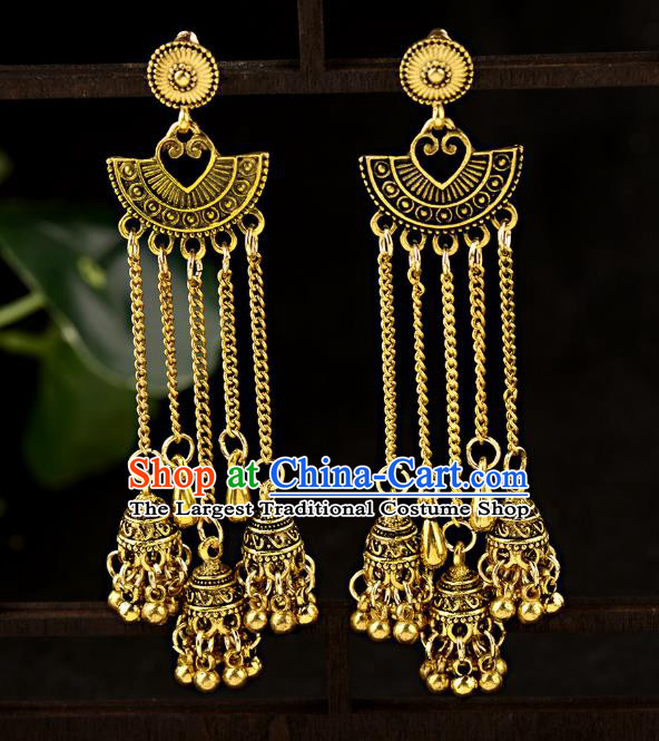 Asian India Traditional Golden Bells Tassel Eardrop Asia Indian Earrings Bollywood Dance Jewelry Accessories for Women