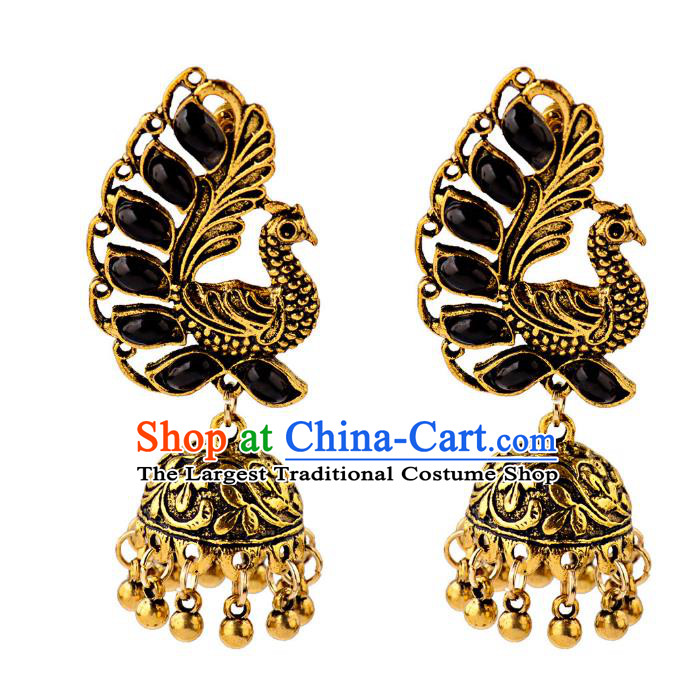 Asian India Traditional Black Gems Peacock Eardrop Asia Indian Bells Tassel Earrings Bollywood Dance Jewelry Accessories for Women