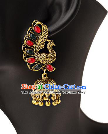 Asian India Traditional Gems Peacock Eardrop Asia Indian Bells Tassel Earrings Bollywood Dance Jewelry Accessories for Women