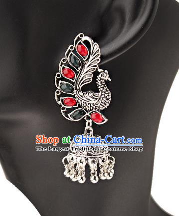 Asian India Traditional Gems Argent Peacock Eardrop Asia Indian Bells Tassel Earrings Bollywood Dance Jewelry Accessories for Women