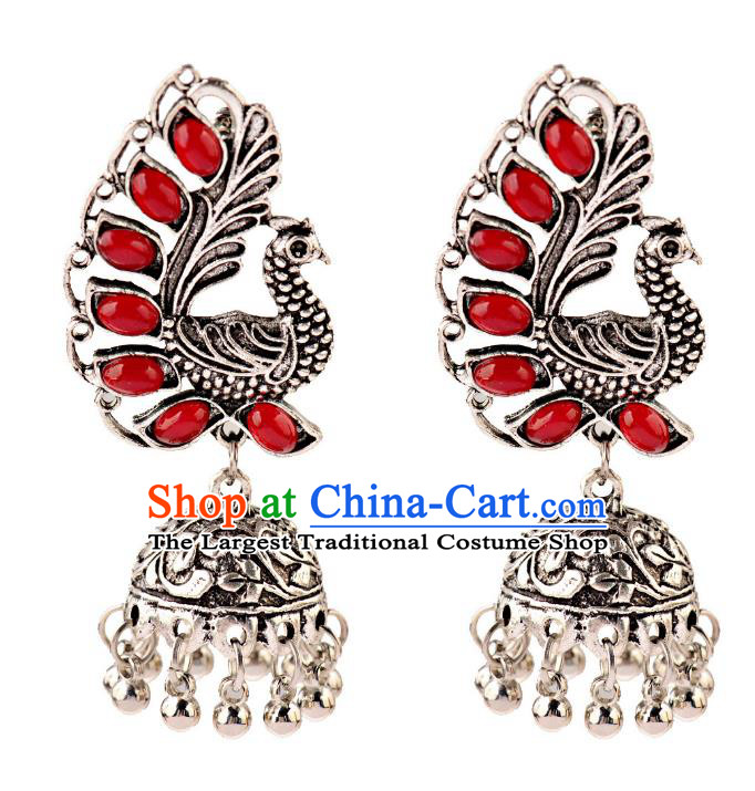 Asian India Traditional Red Gems Argent Peacock Eardrop Asia Indian Bells Tassel Earrings Bollywood Dance Jewelry Accessories for Women