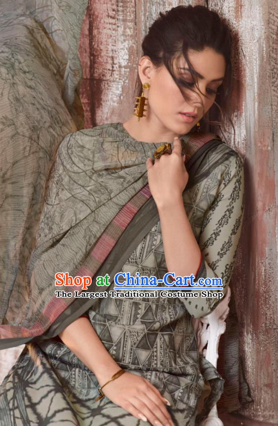 Asian India National Costumes Asia Indian Traditional Printing Gray Crepe Dress Sari and Loose Pants for Women