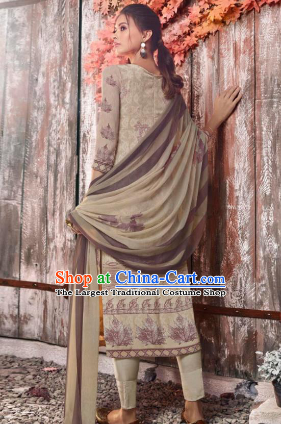Asian India National Costumes Asia Indian Traditional Printing Leaf Grey Crepe Dress Sari and Loose Pants for Women