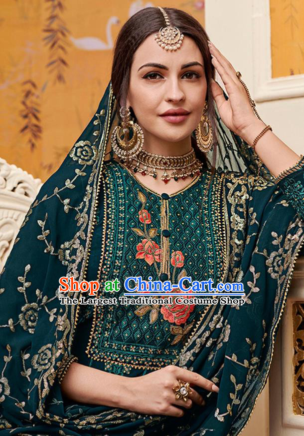 Asian India National Embroidered Punjab Costumes Asia Indian Traditional Teal Blue Faux Georgette Dress Sari and Loose Pants for Women