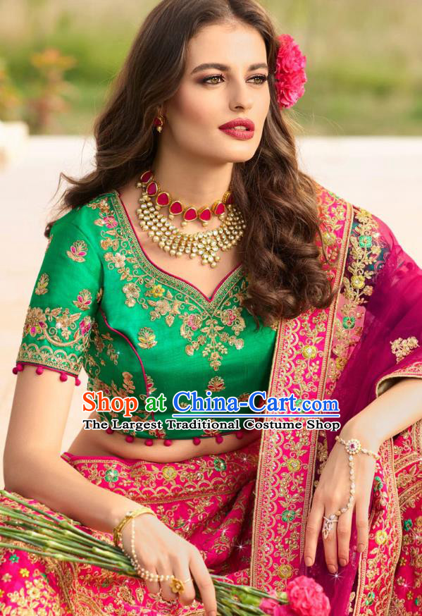 Asian India National Embroidered Lehenga Costumes Asia Indian Bride Traditional Green Satin Blouse and Magenta Skirt Sari for Women