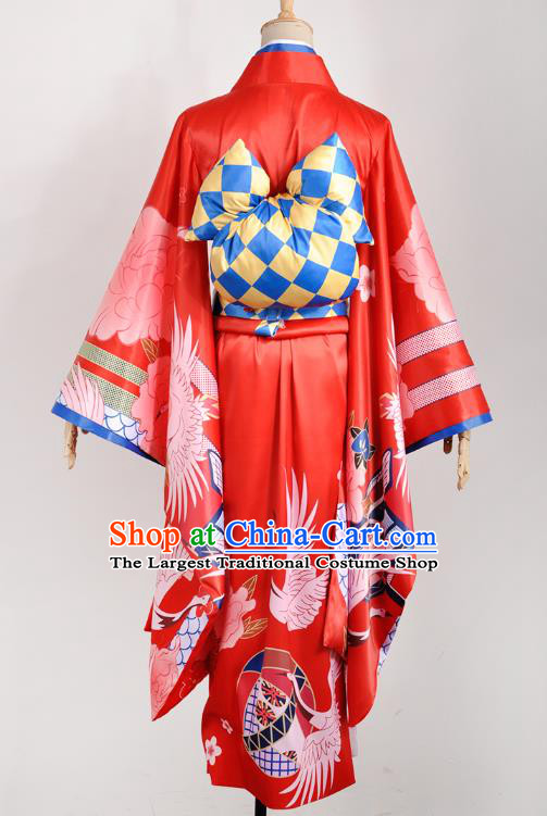 Traditional Japanese Printing Crane Red Yukata Dress Costumes Japan Geisha Silk Furisode Kimono and Belt Complete Set for Women