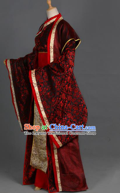 Traditional Chinese Cosplay Swordsman Wei Wuxian Wedding Costume Ancient Chivalrous Knight Garment Crown Prince Dark Red Clothing for Men