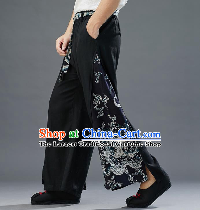 Chinese National Black Flax Pants Traditional Tang Suit Costume Printing Dragon Linen Loose Trousers for Men