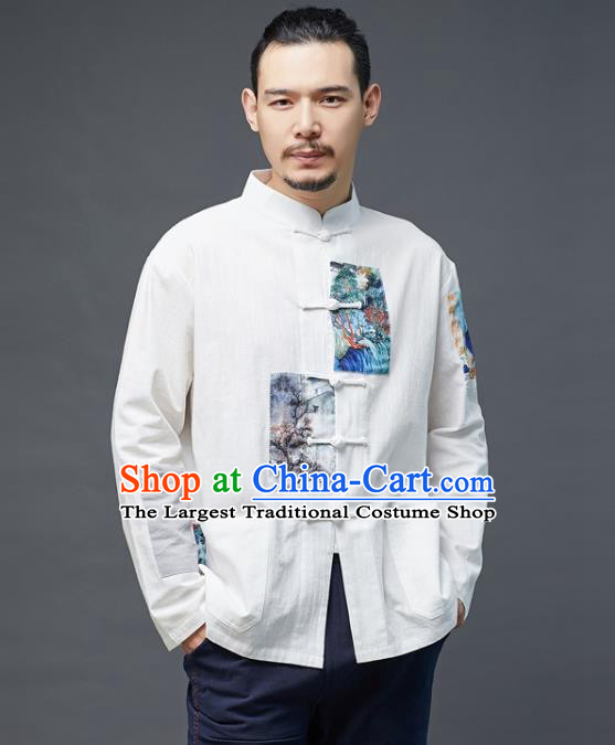 Chinese National Men Linen Shirt Traditional Tang Suit Costume Upper Outer Garment Overshirt