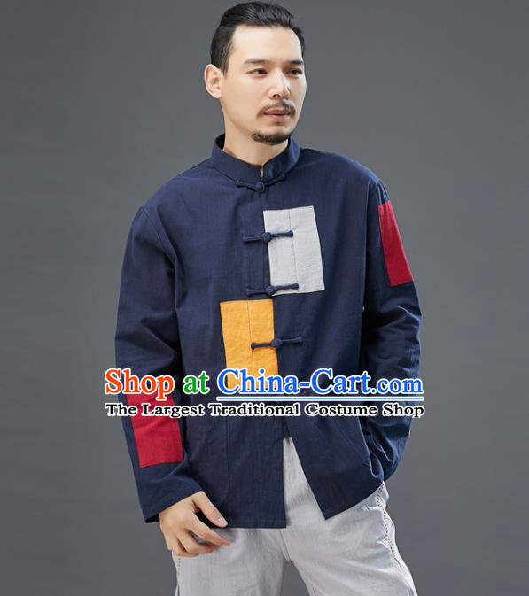 Chinese National Men Navy Linen Shirt Traditional Tang Suit Costume Upper Outer Garment Overshirt