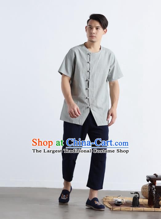Chinese National Light Grey Flax Frog Buttons Shirt Traditional Tang Suit Short Sleeve Upper Outer Garment Costume for Men