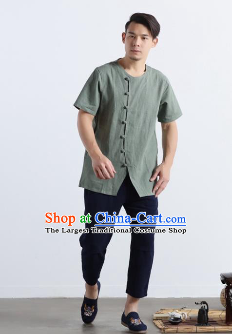 Chinese National Pea Green Flax Frog Buttons Shirt Traditional Tang Suit Short Sleeve Upper Outer Garment Costume for Men