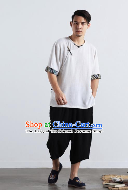 Chinese National White Flax Shirt Traditional Tang Suit Short Sleeve Upper Outer Garment Frog Buttons Costume for Men