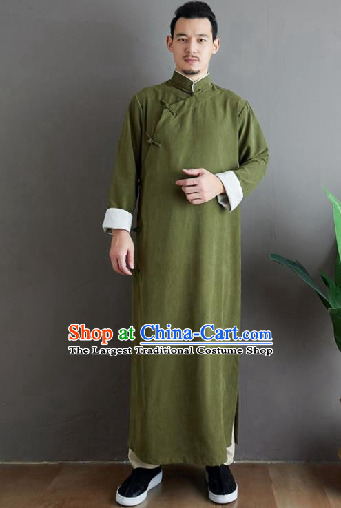 Republic of China National Olive Green Robe Traditional Tang Suit Costume Comic Dialogue Long Gown for Men