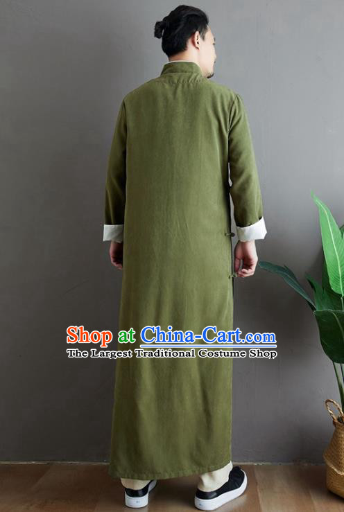Republic of China National Olive Green Robe Traditional Tang Suit Costume Comic Dialogue Long Gown for Men
