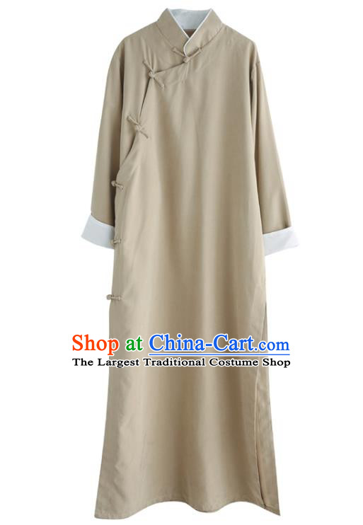 Republic of China National Beige Robe Traditional Tang Suit Costume Comic Dialogue Long Gown for Men