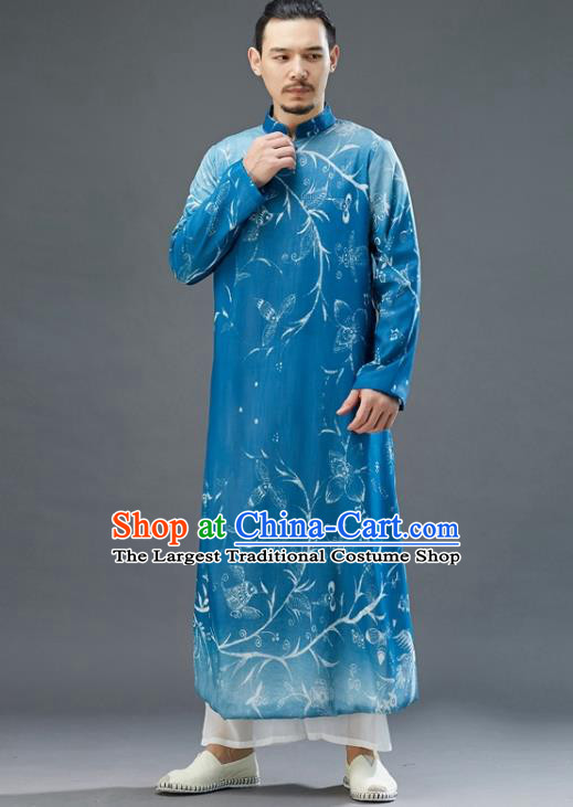 Republic of China National Blue Chiffon Robe Traditional Tang Suit Costume Printing Long Gown for Men