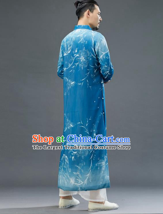 Republic of China National Blue Chiffon Robe Traditional Tang Suit Costume Printing Long Gown for Men