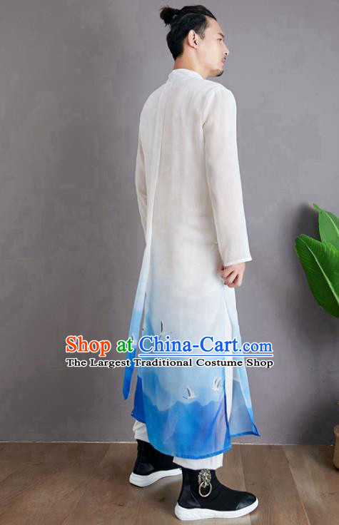 Republic of China National Printing Crane Robe Traditional Tang Suit Costume Comic Dialogue Blue Chiffon Long Gown for Men