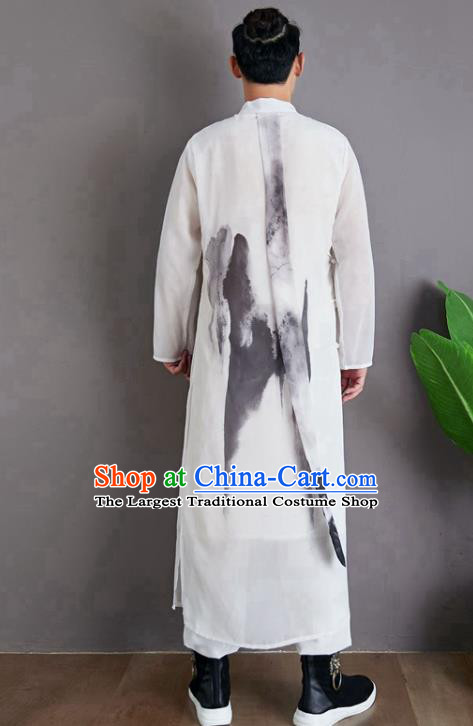 Republic of China National Ink Painting Robe Traditional Tang Suit Costume Comic Dialogue White Chiffon Long Gown for Men