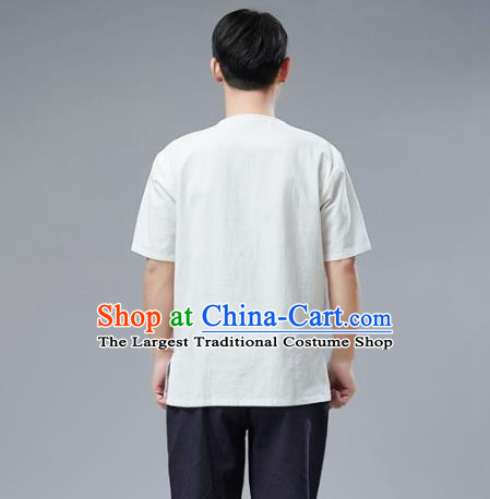 Chinese National White Linen Shirt Traditional Tang Suit Upper Outer Garment Short Sleeve Costume for Men