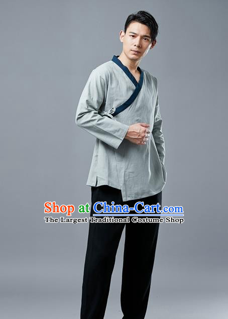 Chinese National Light Green Linen Shirt Traditional Tang Suit Upper Outer Garment Slant Opening Costume for Men