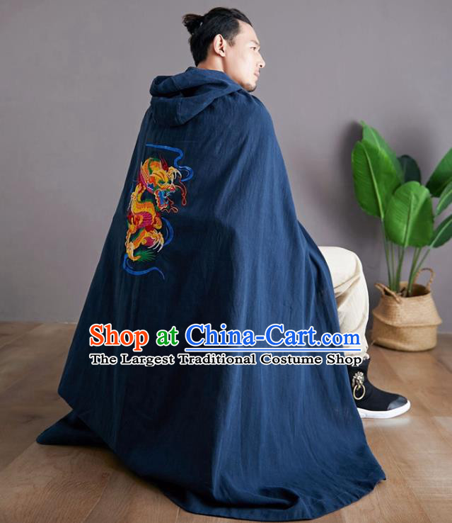Chinese National Embroidered Dragon Navy Flax Cape Traditional Tang Suit Outer Garment Coat Costume Hooded Cloak for Men