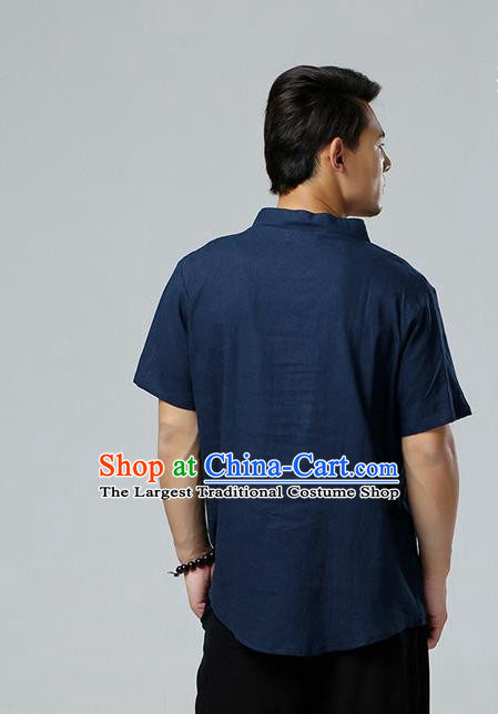 Chinese National Navy Flax Slant Opening Shirt Traditional Tang Suit Short Sleeve Upper Outer Garment Costume for Men
